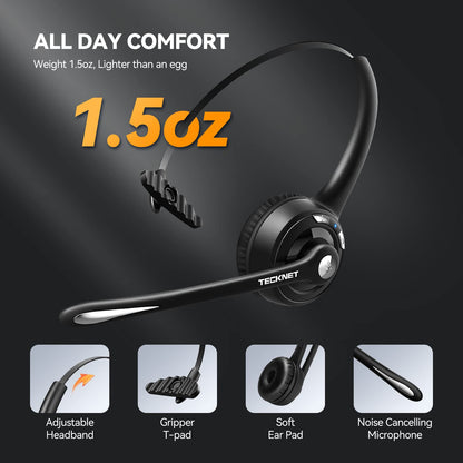 TECKNET Bluetooth Headset, Wireless On Ear Headphones with Noise Cancelling Microphone for Trucker, Hand Free Wireless Headset with Mute Mic for Phone