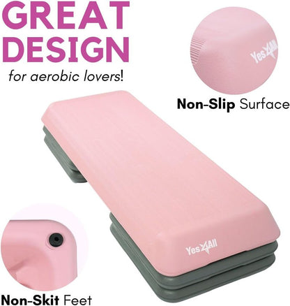 Yes4All Adjustable Workout Aerobic Exercise Step Platform Health Club Size with 4 Adjustable Risers Included and Greater Risers Options - Pink Grey