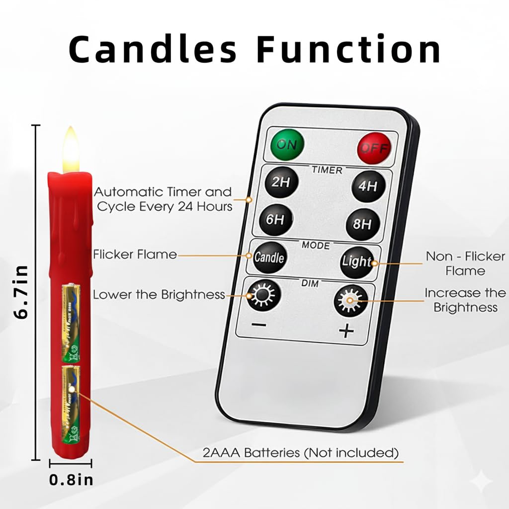 SUNGEGE 6.7 Inch LED Candles Battery Operated, Flameless Candles with Flickering 3D Flame, Led Candle Sticks Safe for Windowsill Wedding Home Christmas Decor, Red, Set of 6