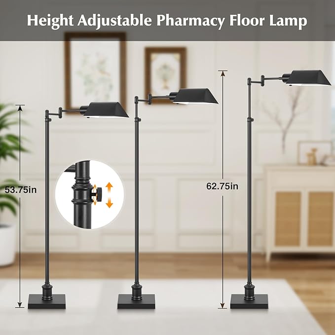 GyroVu Traditional Height Adjustable Pharmacy Floor Lamp with 350° Swing Arm, 3 Color Temperature Adjustable Standing Lamp Metal Shade for Living Room Reading House Bedroom Home Office(Black)