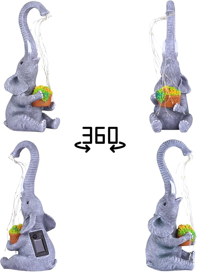 Elephant Garden Statue with Solar Watering Lights, Outdoor Resin Animal Sculpture for Patio, Lawn, Yard – Unique Gift for Women, Mom, Grandma (Grey Succulents)