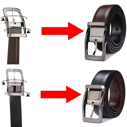 Belts for Men Reversible Leather 1.25” Waist Strap Fashion Dress Buckle Beltox (Rectangle Rotated Buckle with Burnt Umber/Black Belt, 28-30)