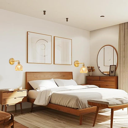 Hardwired Wall Sconce Light, Vintage Wall Sconce with Switch, Gold Wall Light Fixture with Tulip Amber Glass Lampshade, Indoor Wall Light for Bedroom Bathroom, Bedside Wall Lamp