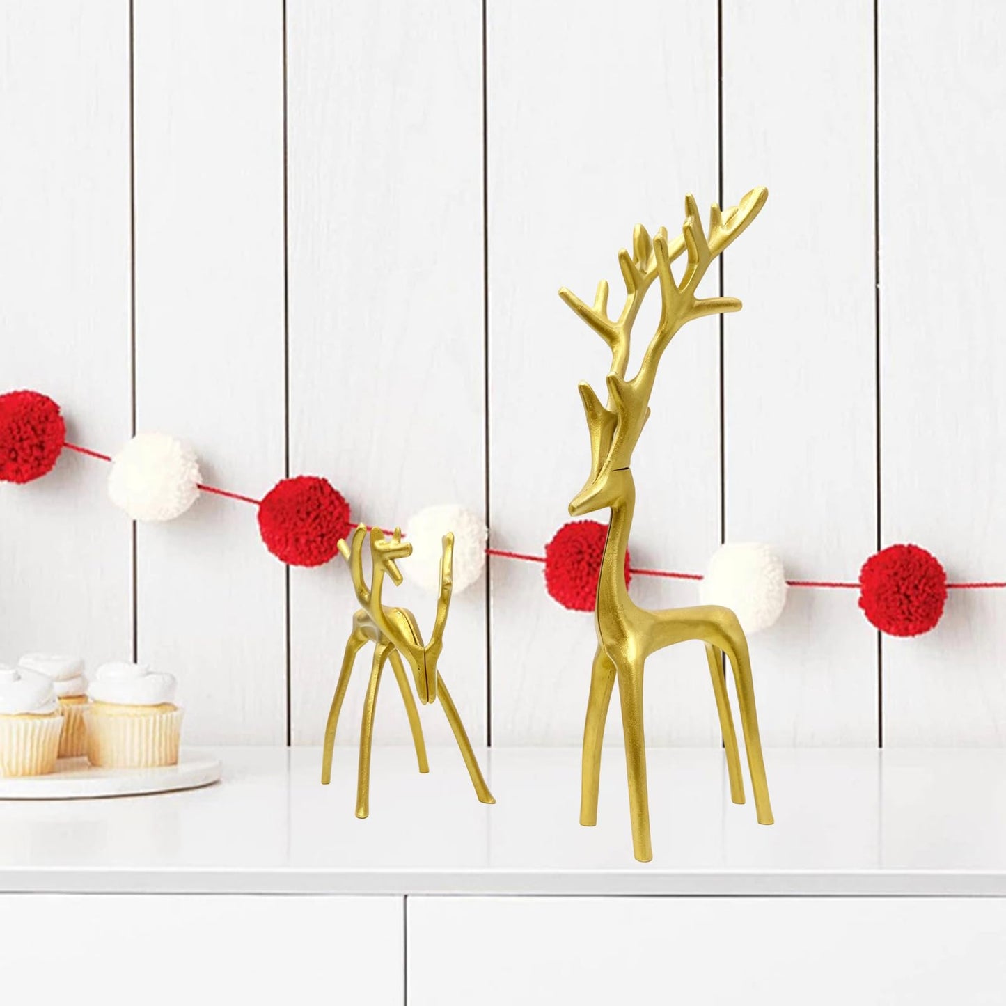 Set of 2 Golden Christmas Decorations Reindeer Statues Modern Aluminum Alloy Xmas Figurines Elegant Christmas Tabletop Ornaments for Mantel Fireplace Living Room Bedroom Home Deco