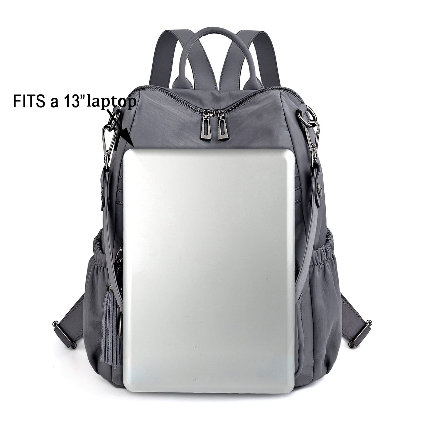 UTO Women Backpack Purse Nylon Fabric Ladies Fashion Designer Rucksack Convertible Travel Shoulder Bag with Tassel Grey