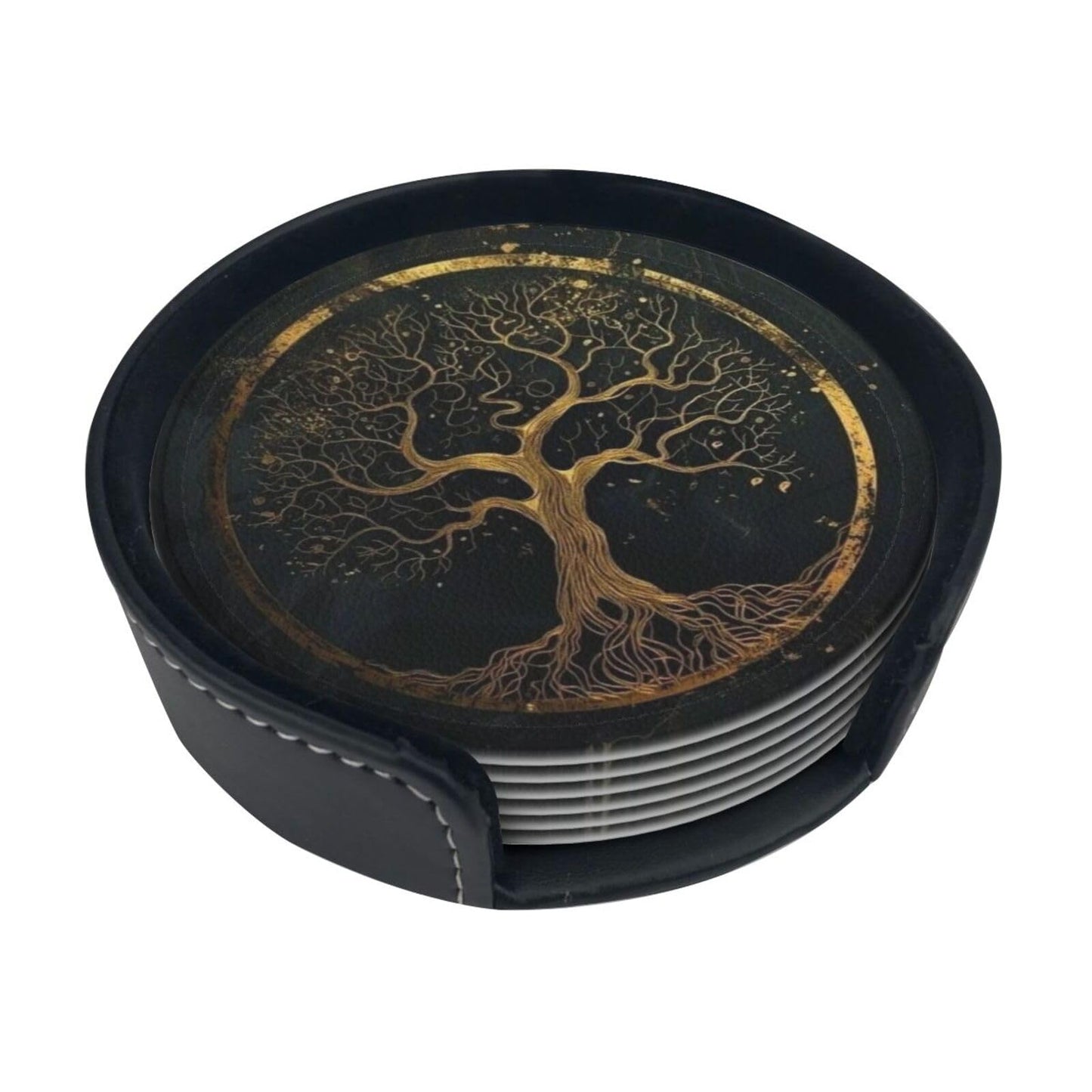 BOXIMIAO Drink Coasters with Holder Stand Set of 6, Marble Gold Tree of Life Pu Leather Absorbent Coasters with Cork Base Table Round Coaster for Housewarming Apartment Kitchen Bar Decor