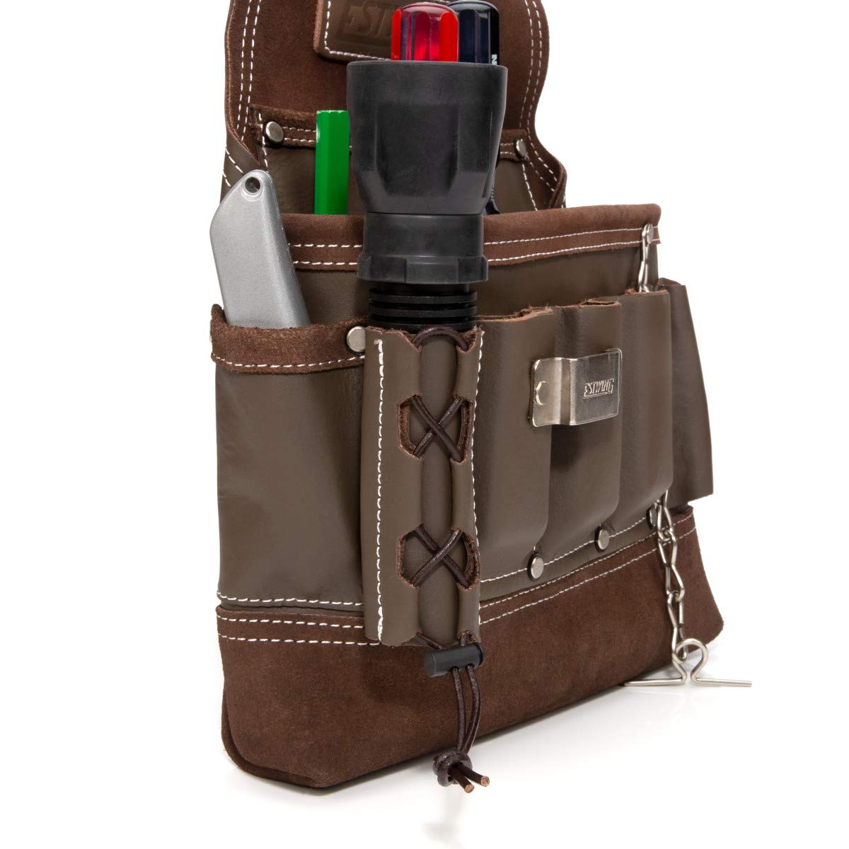 Estwing 8-Pocket Leather Electrician's Tool Pouch for Work and Tool Belts, Flashlight Loop, Tape Chain, Pliers Pockets, 3-inch Tunnel Loop