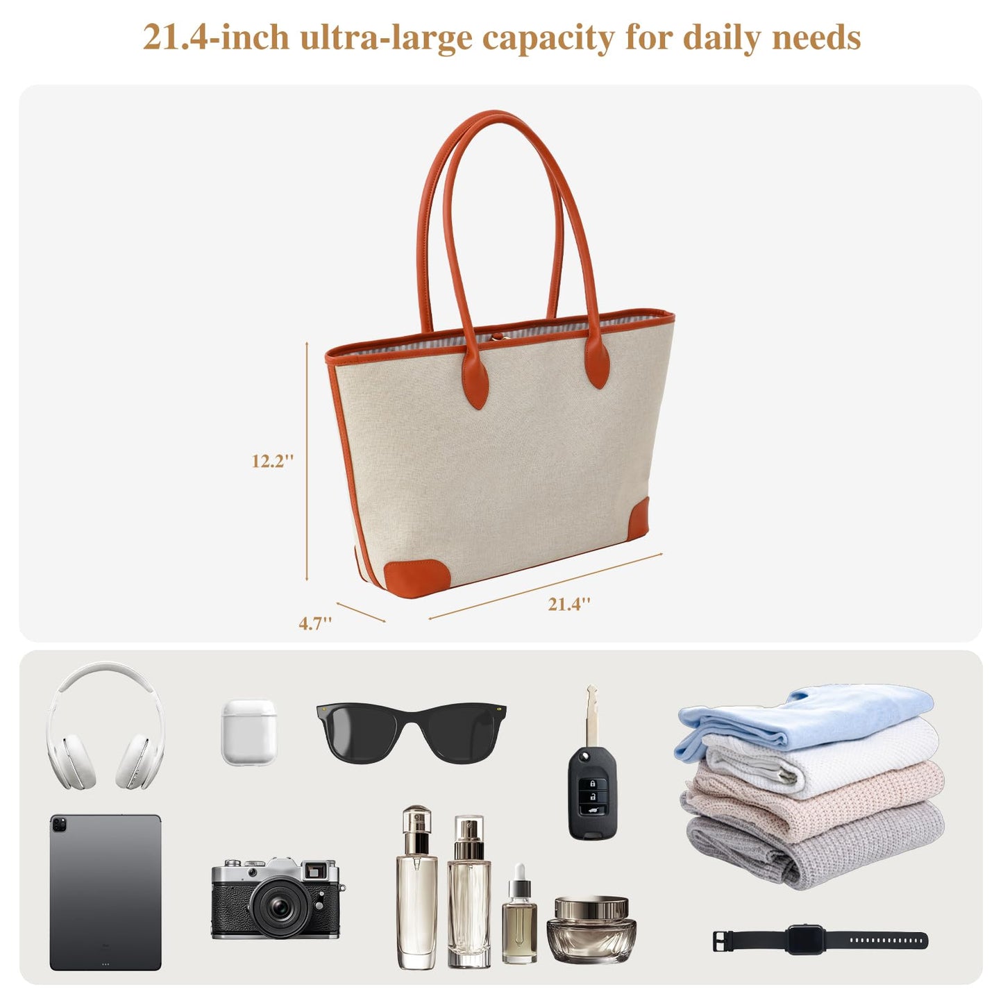 CRAZITAYA Oversize Linen Tote Bag for Women, Durable Beach Bag with PU Leather Trim for Travel Work Shopping (Khaki)