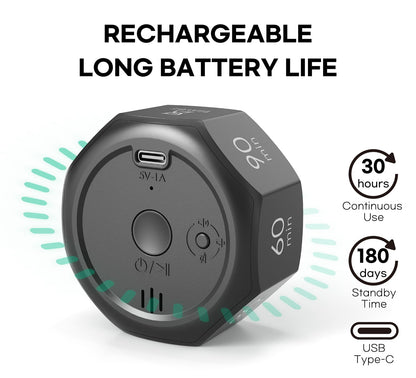 CREAVIVA Flip Cube Pomodoro Timer - Rechargeable Visual Countdown & Count Up Stopwatch, 7 Preset Intervals, 3 Alarm Modes, Productivity Tool for ADHD, Kids, Study, Work & Kitchen (Gray)