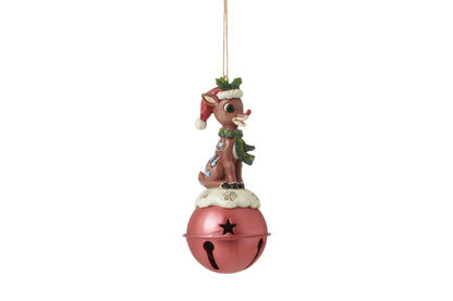 Enesco Rudolph Traditions by Jim Shore Reindeer Standing on Bell Hanging Ornament, 4.37 Inch, Multicolor