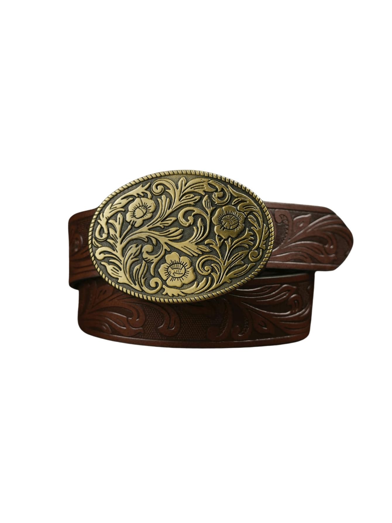 GORGLITTER Women's Cowboy Belts Floral Country Belts Leather Waist Belt for Jeans Pants Coffee Brown suit waist size:33.5-37.4"