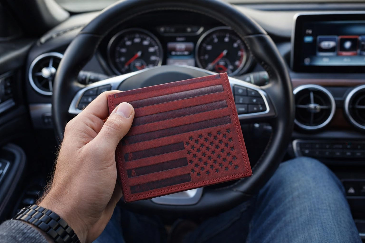 ASAD Genuine Leather Wallet for Men & Women | Compact & Spacious with 18 Card Slots, Expandable Currency Compartment & ID Window | Double-Stitched, RFID Blocking | Bordo Crazy Horse American Flag