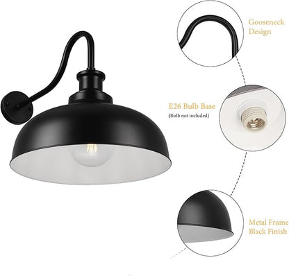 Outdoor Gooseneck Barn Lights,14 Inch Dome Outdoor Wall Sconce Farmhouse Exterior Wall Mount Light Vintage Wall Lighting Fixture Industrial Black Wall Lantern for Porch, Entryway, Garage, 2 Pack