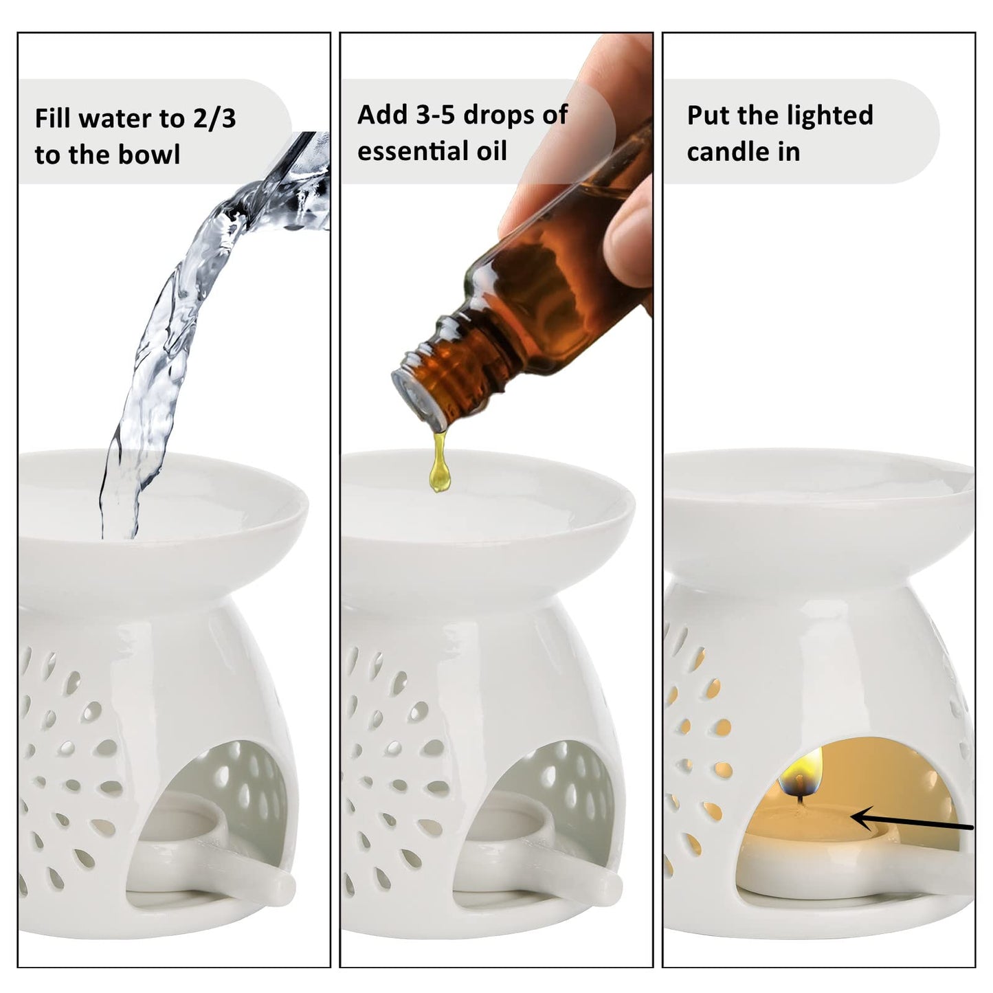 ZOOFOX 3 Pack Ceramic Essential Oil Burner, Tealight Wax Warmer with Candle Spoon, Aromatherapy Essential Tealight Candle Holder for Home Bedroom Decor, Christmas Housewarming Gift