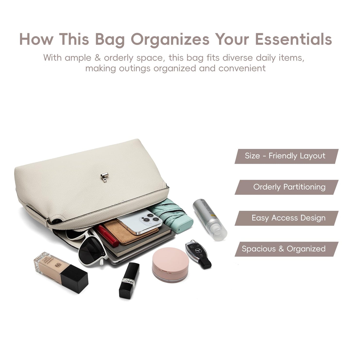 NGGU White Leather Crossbody Bag for Women, Multiple Compartments for Everyday & Travel