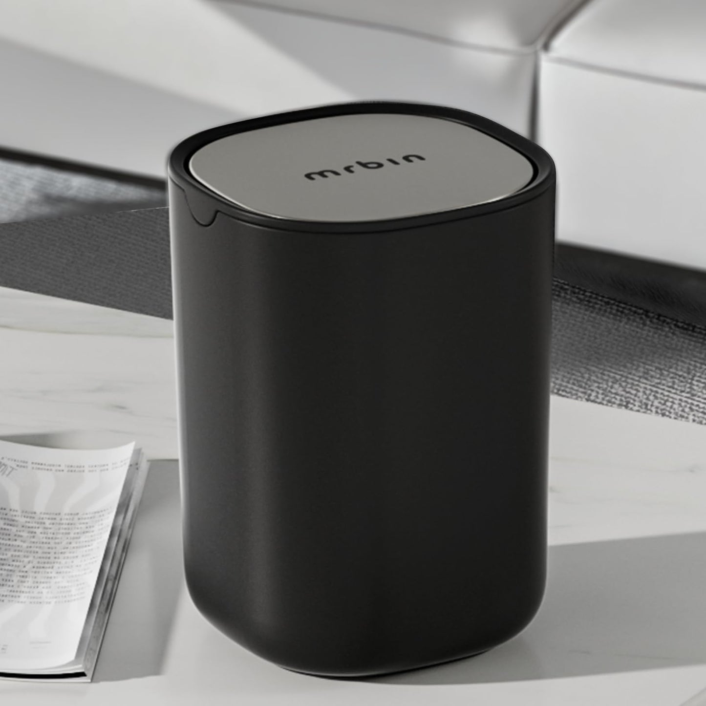 MRBIN Desk Mini Car Trash Can, 0.4 Gallon Table Top Plastic Waste Basket with Stainless Steel Lid, Small Garbage Bin for Bedroom, Coffee Bar, Vanity Countertop, Black