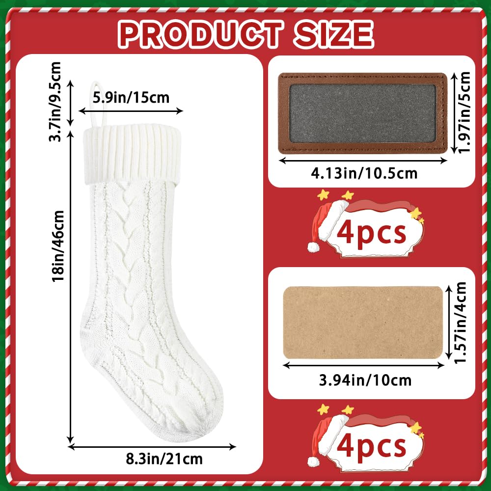 XOYTN 4Pack Christmas Stocking with Leather Patches，18Inches Large White Custom Name Personalized Hanging Cable Knitted Xmas Stockings for Christmas Family Party Fireplace Decor