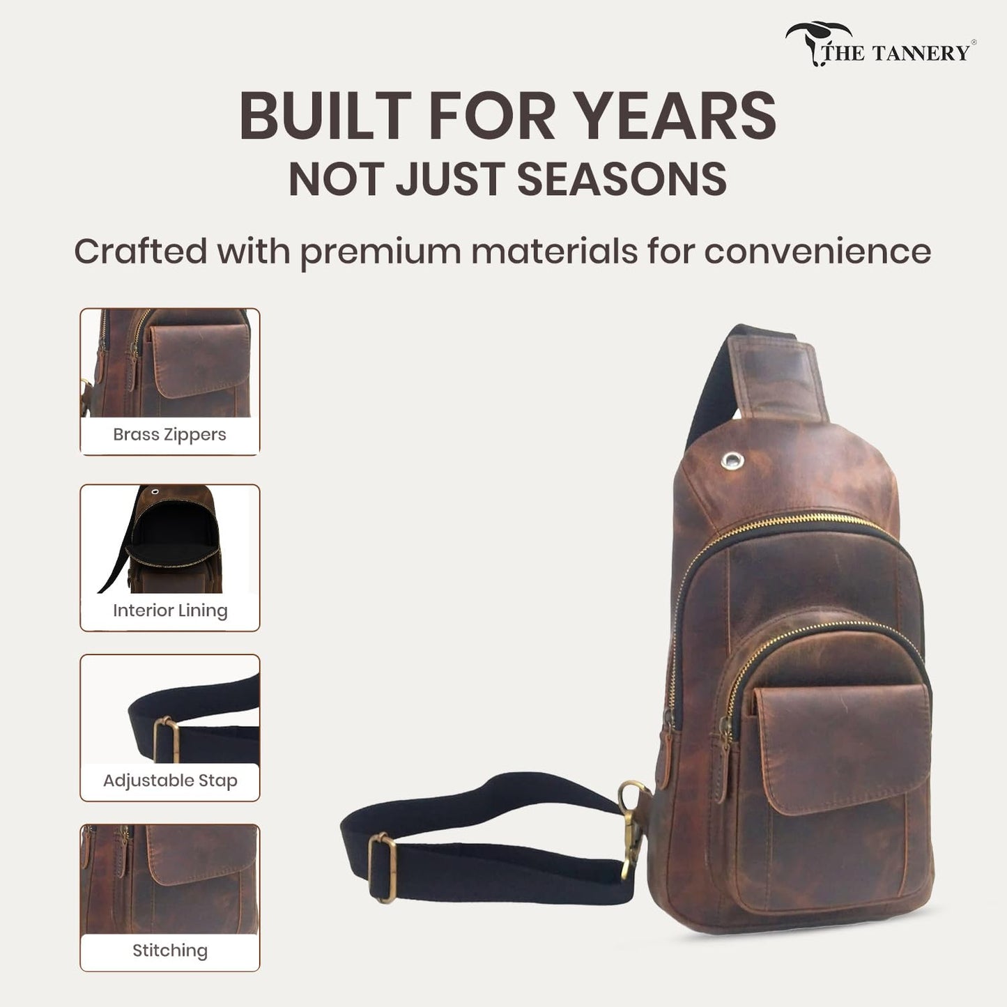 The Tannery Handmade Buffalo Leather Multipurpose Travel Hiking Crossbody Chest Backpack with Adjustable Shoulder Strap, Thanks Giving (Dark Brown, Large)