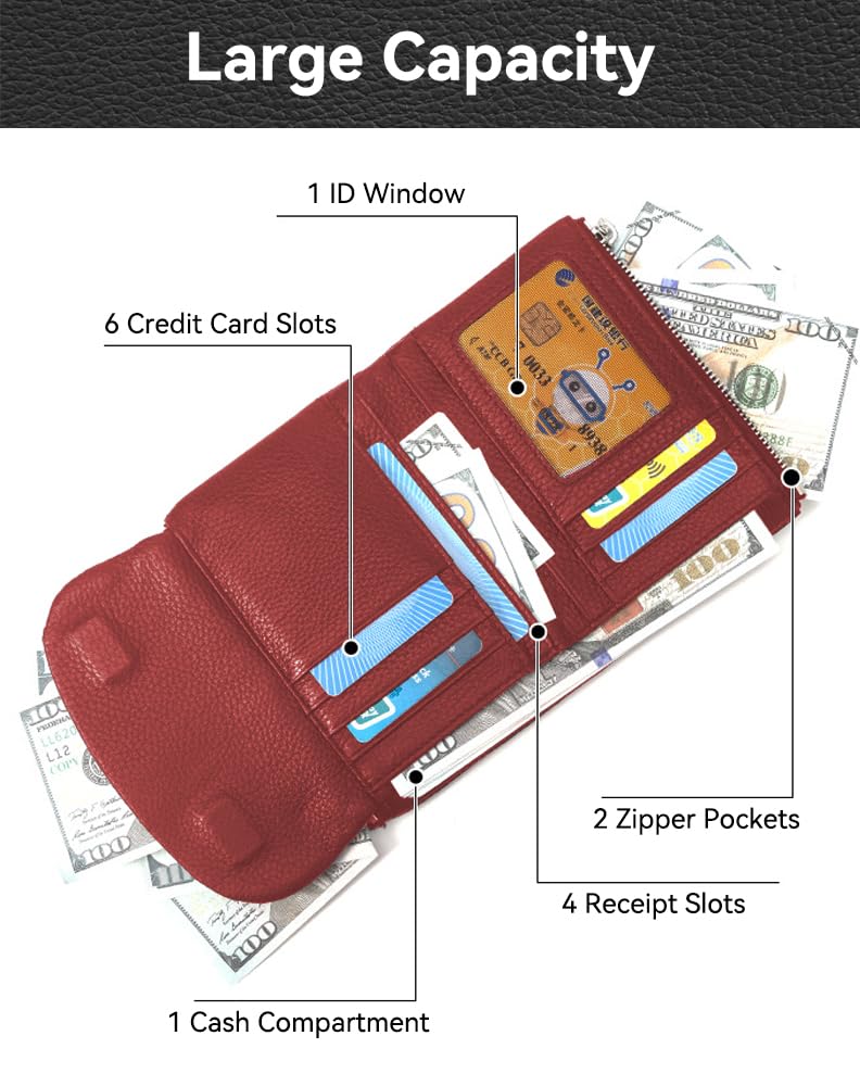 DAMAIKE Wallet for Women [Genuine Leather] [Magnetic Closure], Large Capacity Female Ladies Bifold Wallet Card Holder, ID Window, Zipper Coin Pockets (Burgundy)
