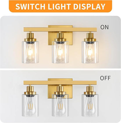 3 Light Gold Bathroom Light Fixtures, Bathroom Vanity Light Over Mirror, Gold Wall Sconce Vanity Lighting with Clear Glass Shade,Modern Farmhouse Bath Wall Lamp for Mirror Kitchen