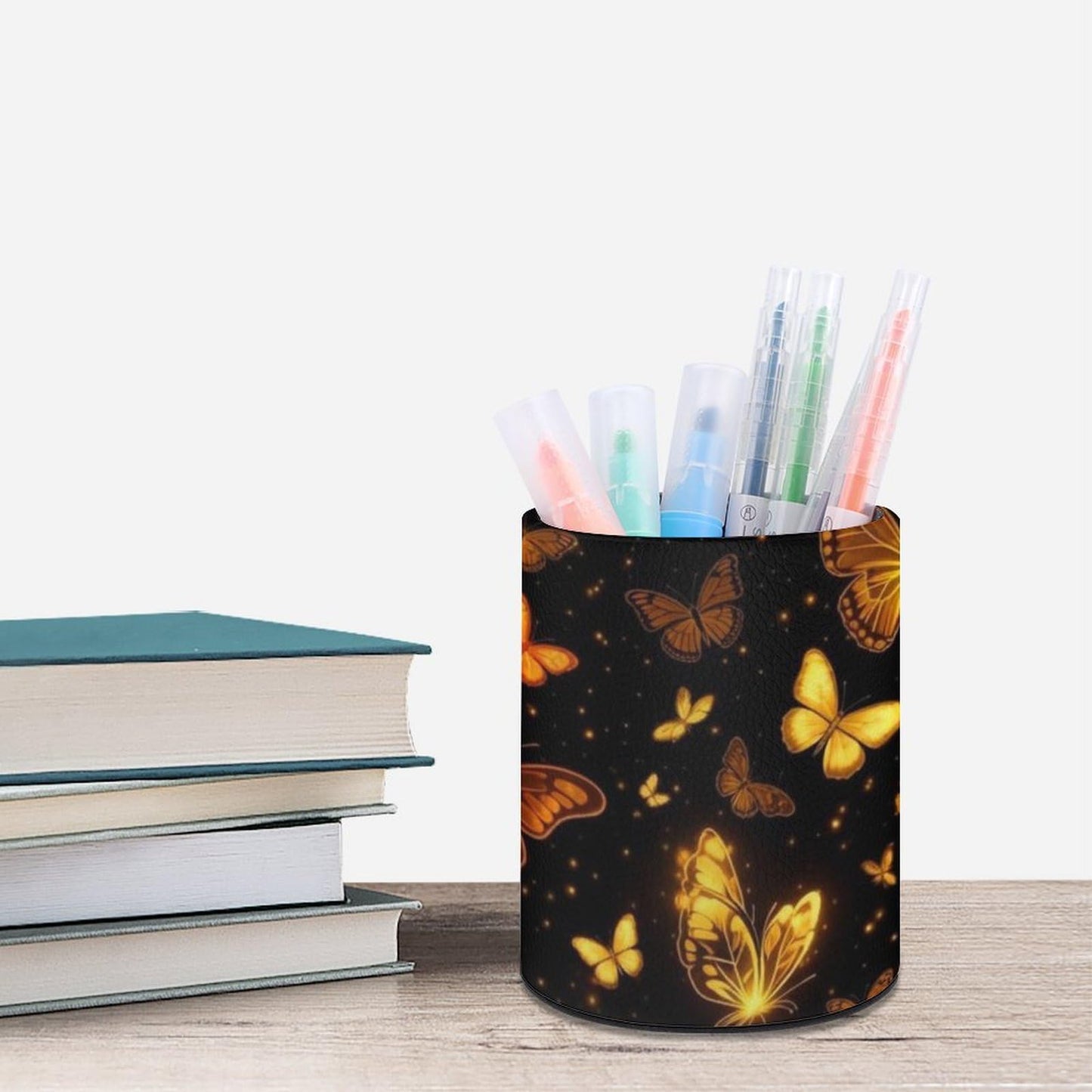 UTRSIFB Pen Holder Leather Pencil, Holder Cup Makeup Brush Storage Organizer, Waterproof Multifunctional Office Supplies Butterflies Art