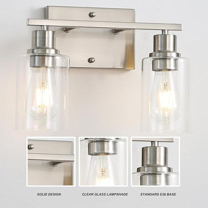 Farmhouse Wall Sconces 2-Lights Brushed Nickel Bathroom Vanity Light Fixtures,Classic Wall Lights with Clear Glass Shades, Modern Wall Lighting for Mirror,Bedroom,Living Room