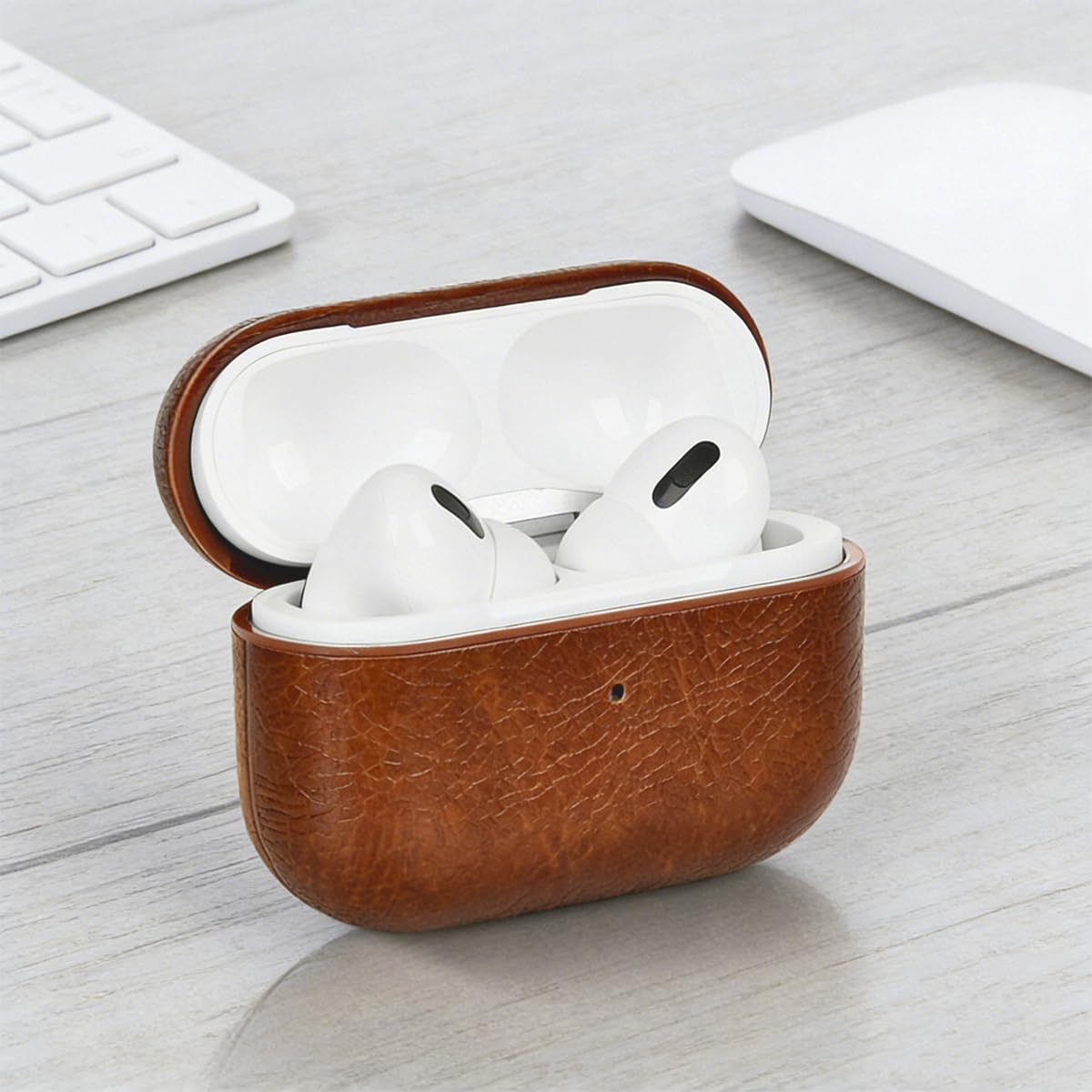 for Airpods 4 Case Leather with Keychain, Retro Leather Wireless Charging Protective Headphone Case Cover for Apple Airpods 4th Generation 2024 Front LED Visible for Man Women(Lightbrown)