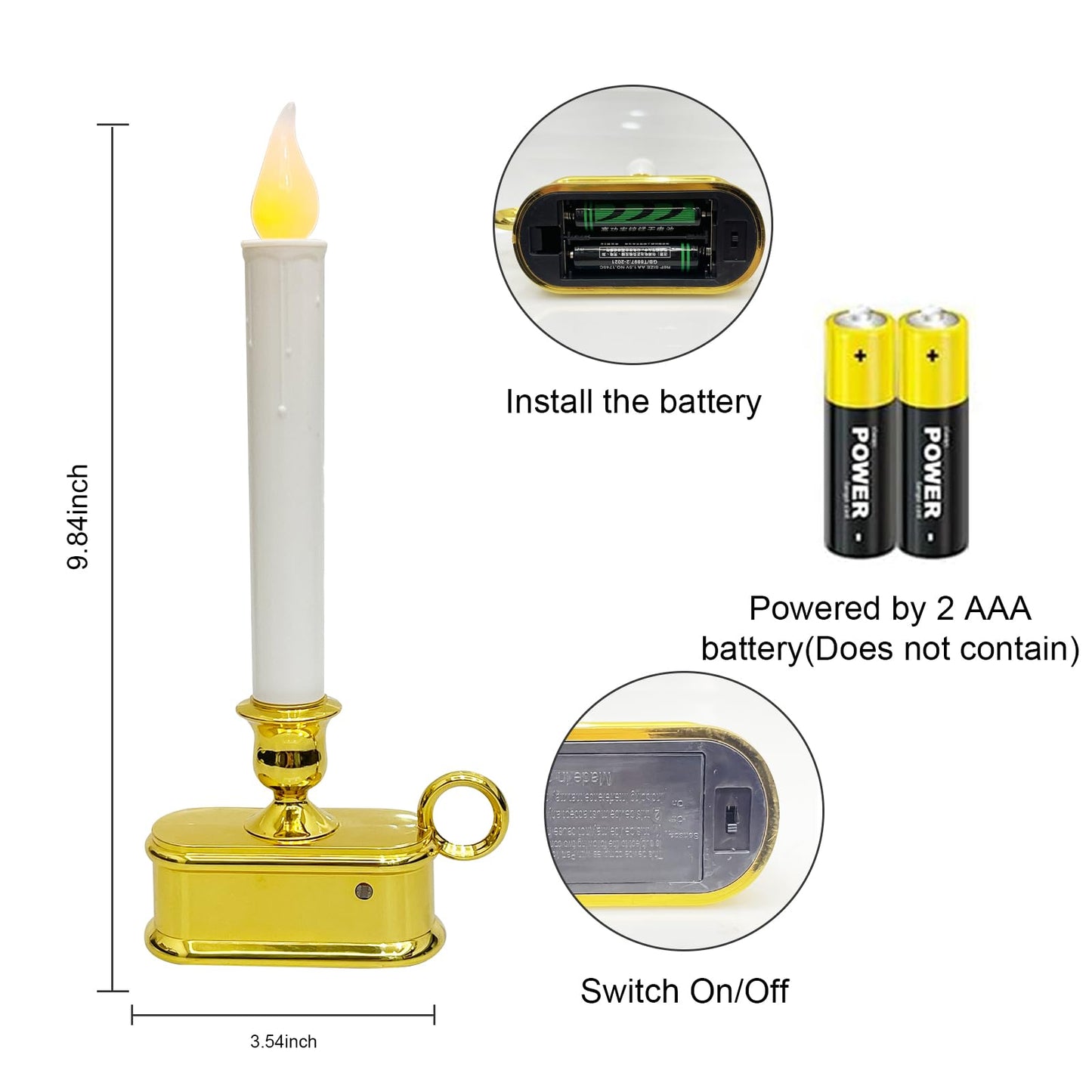 Set of 4 Battery Operated LED Window Candles with Dusk to Dawn Sensor, Flicker Flame Christmas Candles with Gold Base, 10 Inch Flameless Taper Candle Lights for Table Window Bedroom Christmas Decor