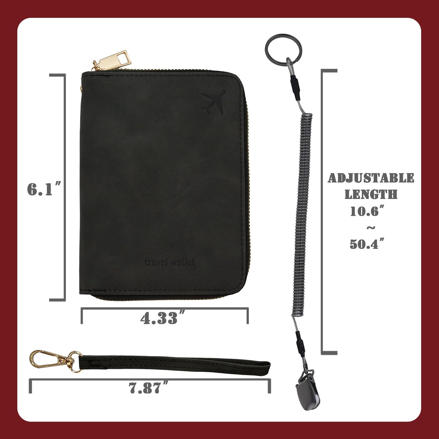 Passport Holder with Tether and Clip to Prevent Loss and Theft, Rfid Passport Holder for Travel, Passport Wallet, Passport Cover for Men and Women (Black - Tether and Clip)