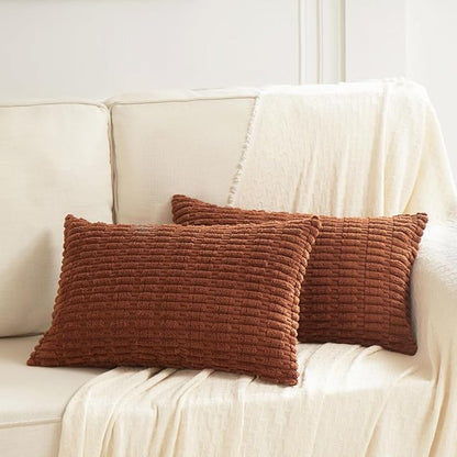 Fancy Homi Rust Decorative Throw Pillow Covers 12x24 Inch for Living Room Couch Bed Sofa, Rustic Farmhouse Boho Home Decor, Soft Striped Corduroy Rectangle Cushion Case 30x60 cm