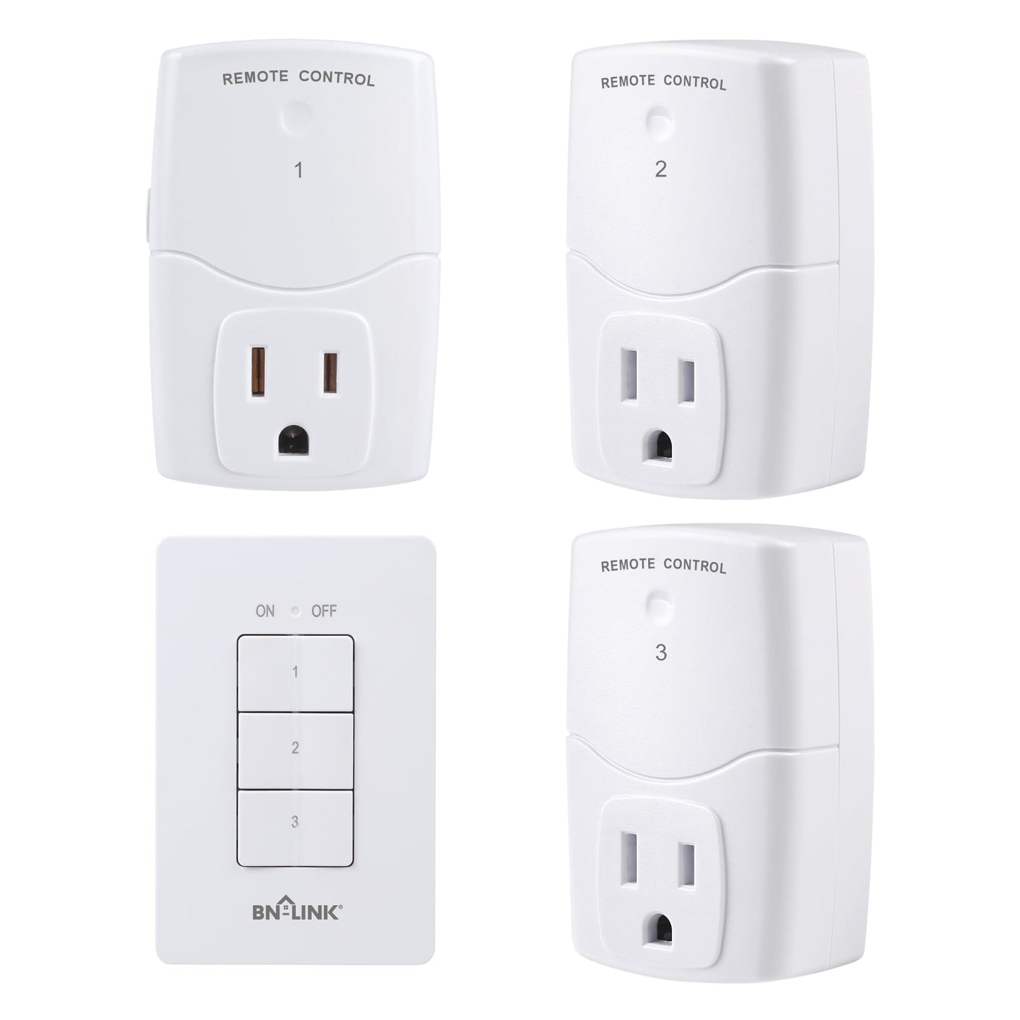 BN-LINK Mini Wireless Wall-Mounting Remote Control Outlet Switch Power Plug in for Household Appliances, Wireless Remote Light Switch, LED Light Bulbs, White (3 Outlets)