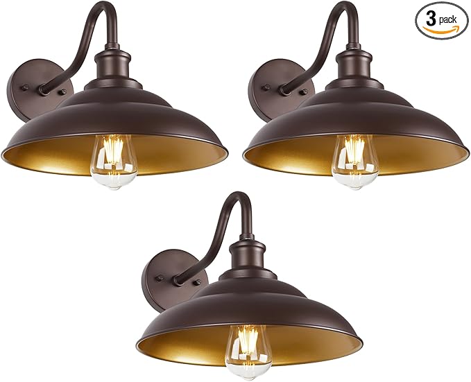 Gooseneck Barn Light - 12" Farmhouse Exterior Wall Mount Sconce, Industrial Black & Oil Rubbed Bronze, 3 Pack - Outdoor & Indoor Use