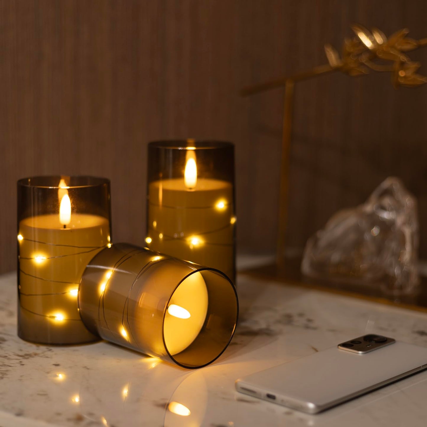 Flickering Flameless Candles with Timer - Durable Acrylic Glass Shell, with Embedded Star String, Battery Operated Candles with Remote for Romantic Ambiance and Home Decoration (Set of 3, Grey)