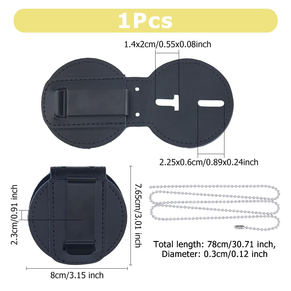Hobbspring Police Badge Holder Flat Round Security Badge Holder Leather Universal Badge Holders with Belt Clip and Iron Chain Leather for Law Enforcement Officer