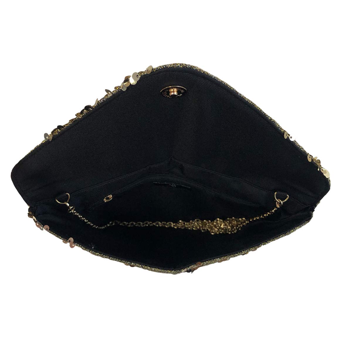 JNB Sequin Envelope Clutch for Women – Flat Evening Bag with Detachable Chain, Snap Closure, Fabric Lining, Interior Zipper Pocket, Lightweight Sequin Purse for Parties and Special Events (Black)