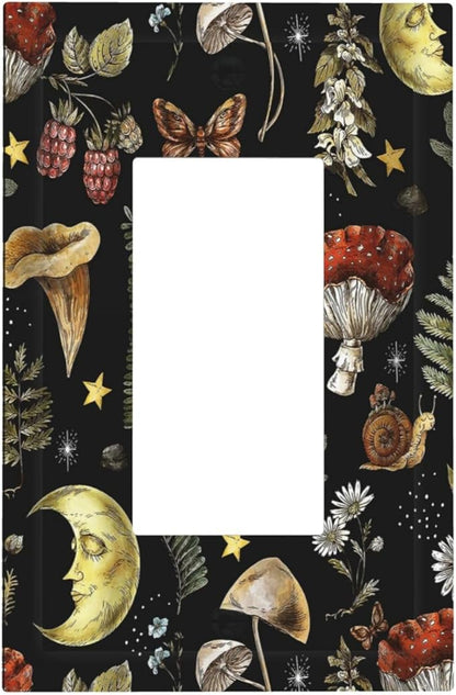 Nature Plant Botanical Daisy Mushroom Snails And Moon Single Rocker/Decora Light Switch Plate Decorative 1 Gang Outlet Cover Faceplate GFCI Electrical Receptacle Wallplate Dimmer for Home Decor