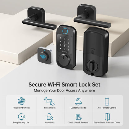 Keyless Door Lock with Handle Set - SMONET WiFi Fingerprint Smart Locks for Front Door, App Remote Control, Digital Bluetooth Keypad Deadbolt Set with Alexa, Auto Lock, Code, Fobs for Home Black