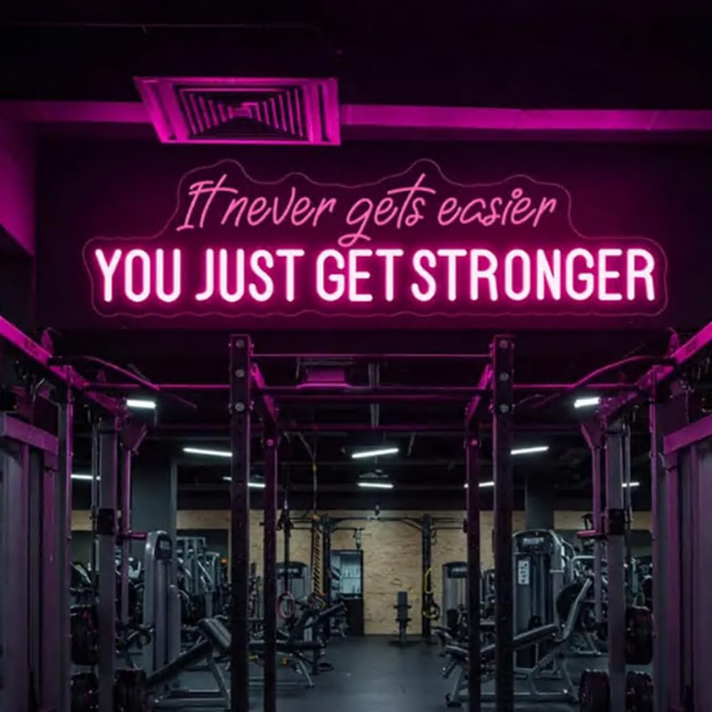 It Never Gets Easier You Just Get Stronger Neon Sign, Custom Home Gym LED Light, Motivational Quotes Sign, Gym Lover Gift Size:28inch