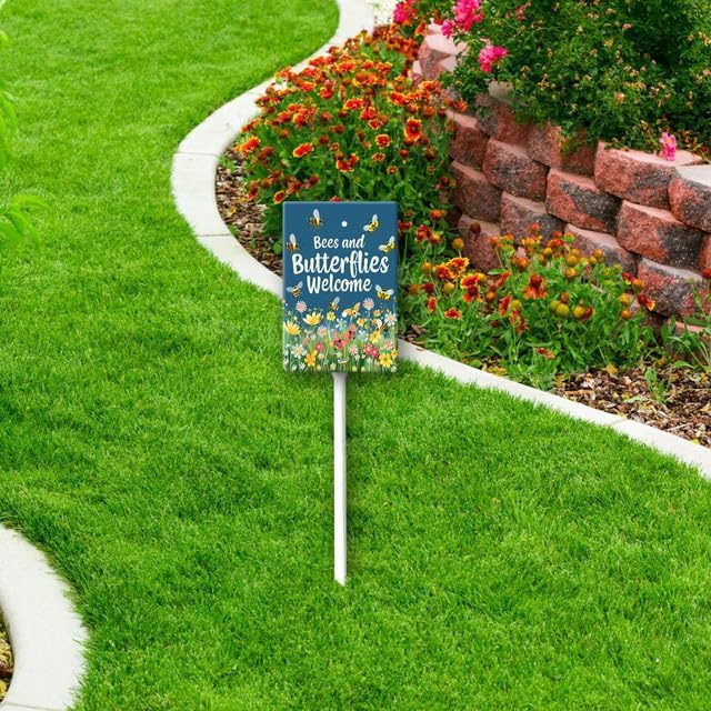 Uptell Bees Butterflies Welcome Here Yard Signs with Stakes Aluminum Sign for House/Front Door and Business Outdoor Decoration 8x12 Inch