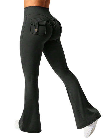 Avanova Women Butt Lifting Leggings Pockets Flare Yoga Pants Black B Large