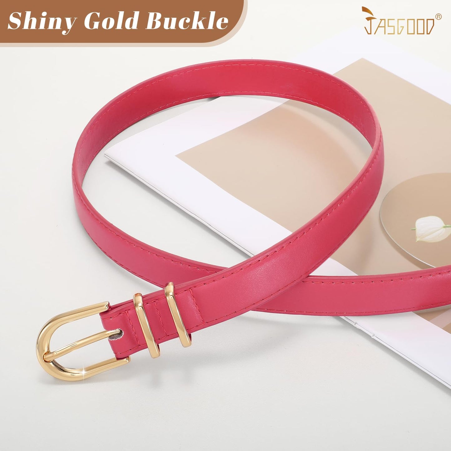 JASGOOD Women Leather Belt for Jeans Pants Fashion Ladies Skinny Dress Belt with Gold Single Prong Buckle,Rose Red