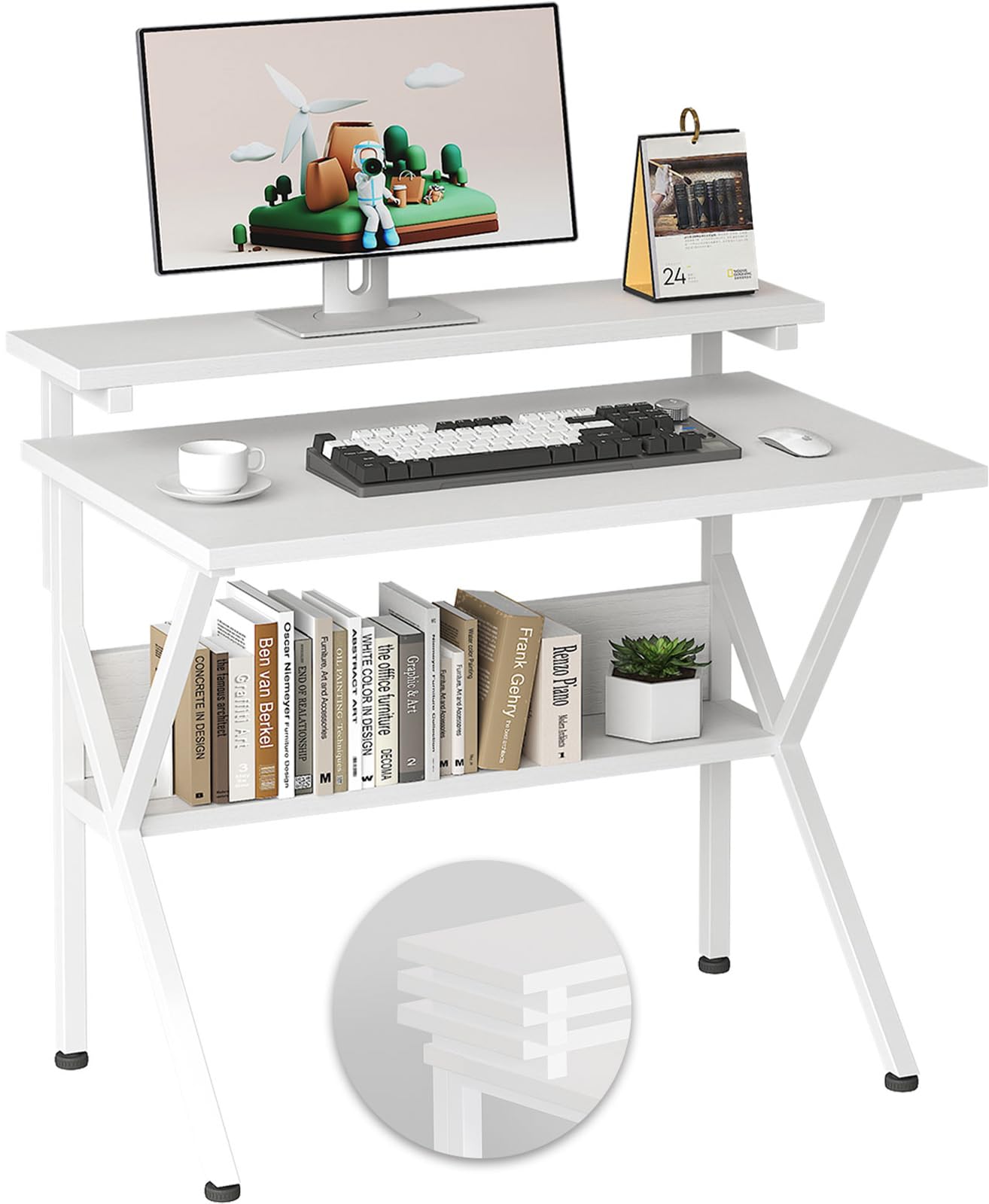 COTUBLR Small Desk, 27.5 Inch Small Computer Desk for Small Spaces, Computer Desk with Adjustable Monitor Stand, Compact Desk with Storage, Tiny Desk Study Desk for Bedroom Home Office, White