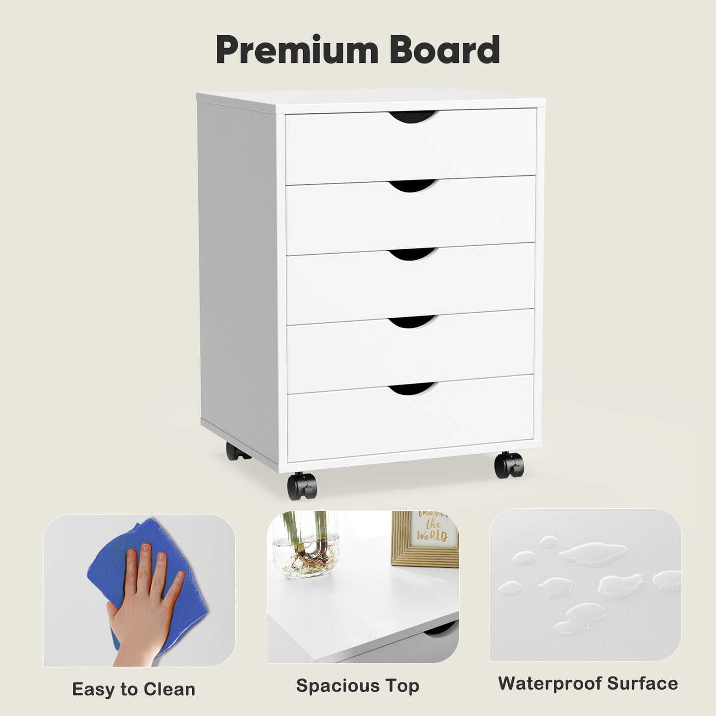 OLIXIS 5 Drawer Mobile File Cabinet Under Desk Storage Organization with Wheels Vertical Filing Chest Rolling Wood Small Desk Printer Stand for Home Office, 15.75"D x 18.74"W x 25.39"H, White