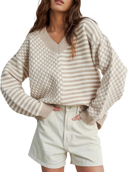 UNCLECAT Women's Striped Checkered Sweater 2025 V Neck Fall Sweaters Casual Knit Trendy Pullover Tops