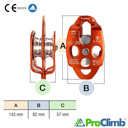 ProClimb 30kN Aluminum Rope Pulley with Swing Plate - CE/UIAA Certified, Double Sheave (Orange) - 5/8" Rope