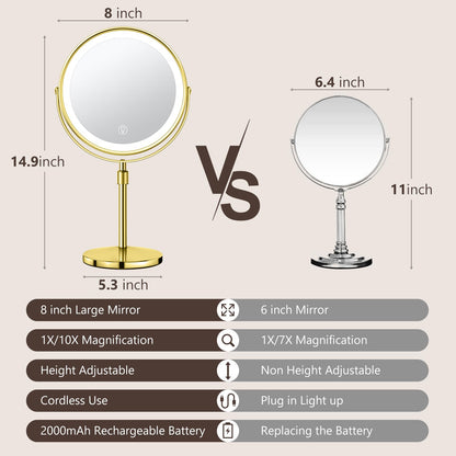 Lighted Makeup Mirror, Rechargeable Height Adjustable Double Sided, 1x/10x Magnifying with 3 Color, Brightness Adjustable, 360° Rotation Vanity, Gift for Women