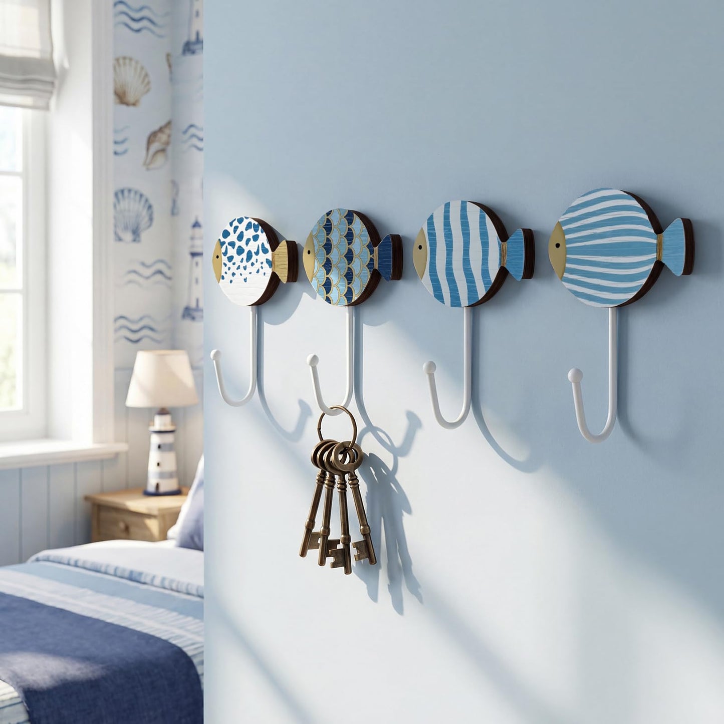 Weysat 4 Pcs Nautical Sea Fish Wall Hooks Fish Wall Mounted Key Holder Nautical Bathroom Decor Summer Rustic Decorative Hook for Living Room Bathroom