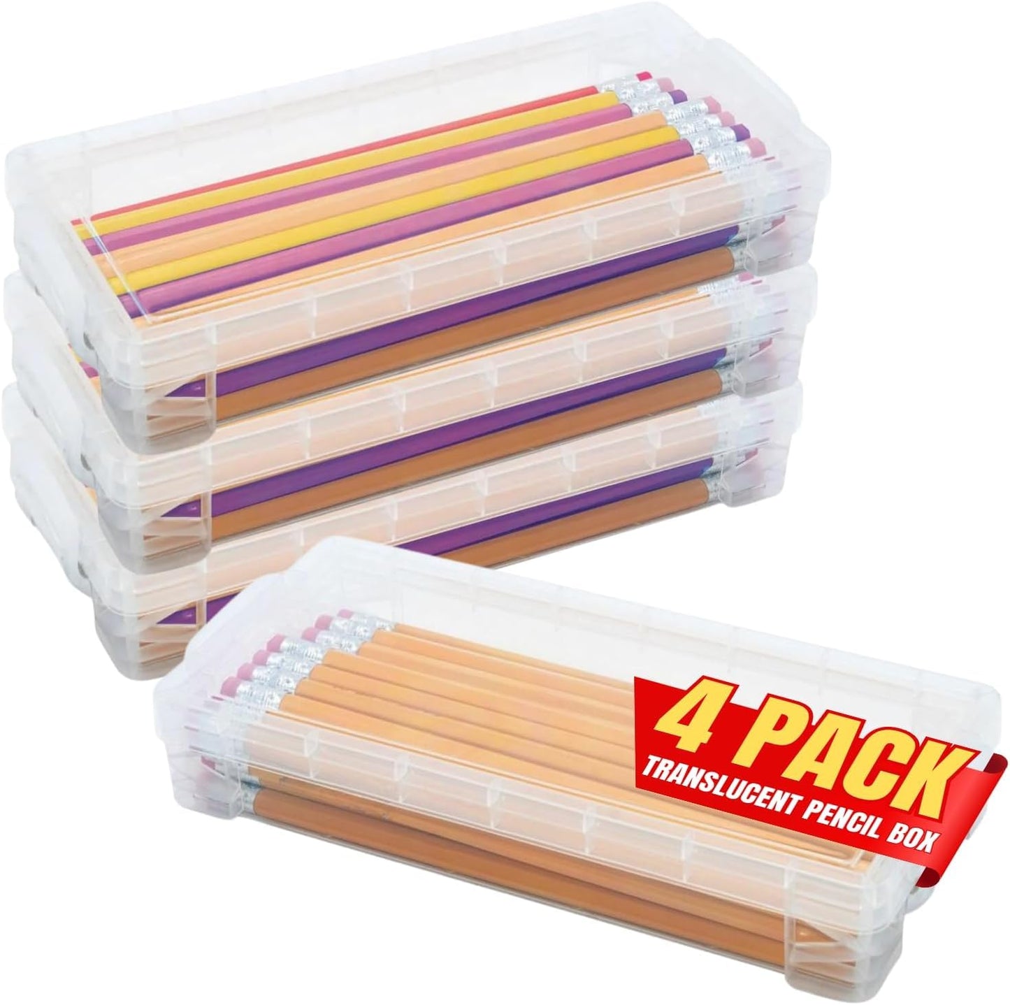 1InTheOffice Pencil Box, Stackable Translucent Clear 8.25 x 1.5 x 4 Inches, (4 Pack)