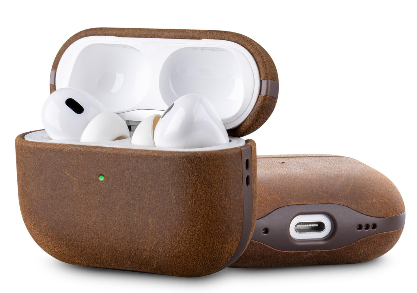 HanFab Artisan Hand-Wrapped Leather Case for AirPods Pro 2 | Crazy Horse Leather | MagSafe & Qi Compatible | Microfiber-Lined Scratch Protection | Hard Case for AirPods Pro 2nd Generation - Brown