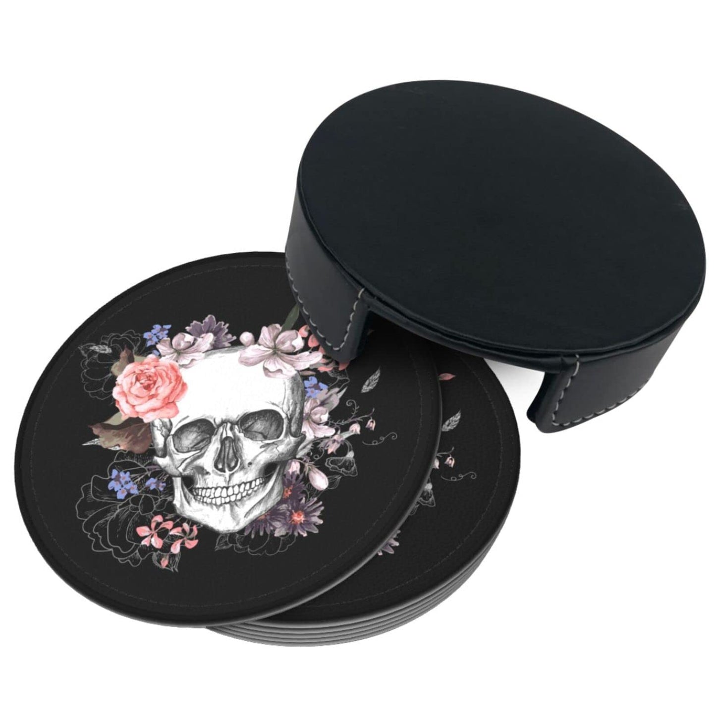 Niukom 6 Pcs Sugar Skull Flower Leather Coasters for Drinks with Holder Coaster Sets Drink Table Cup Coasters for Living Room Kitchen Coffee Decor